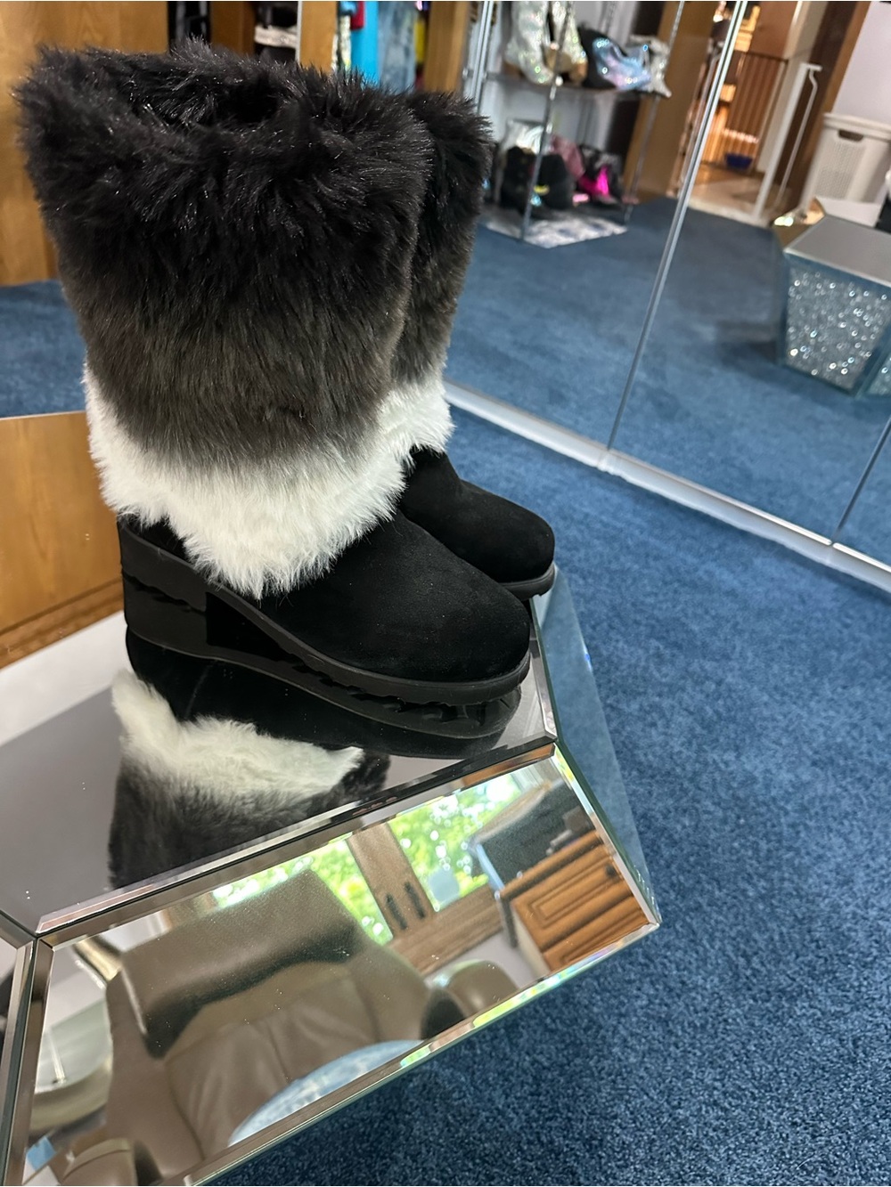 BearPaw Black and White Regina  Faux Fur Combat Boots